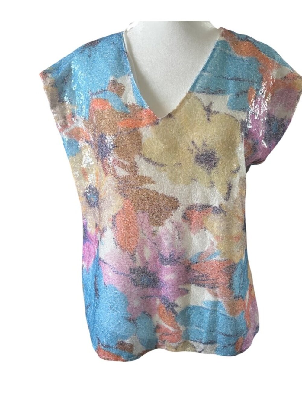 Elie Tahari Sequined Floral Top M/M Multicolor Polyester Blend